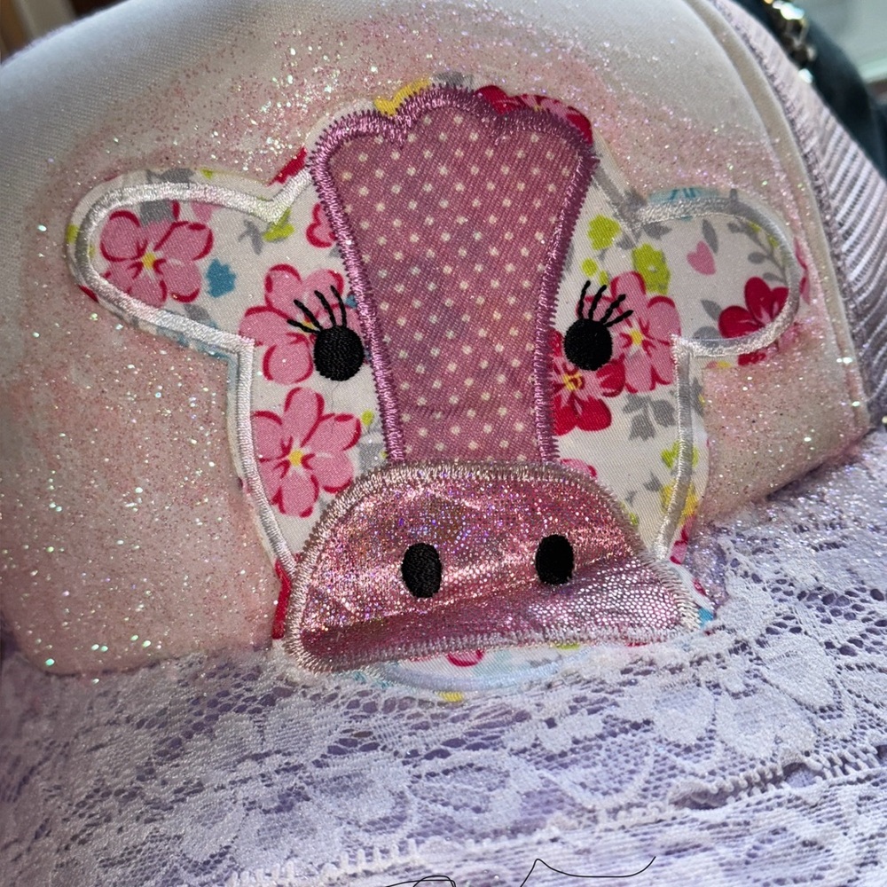 Cutest Cow Trucker Hat Glitter and Lace